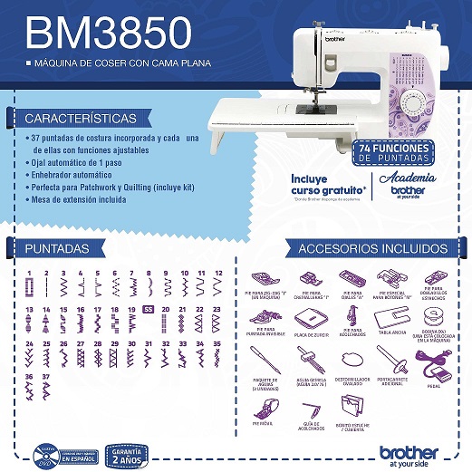 BM3850, Máquina de coser mecánica de 37 puntadas con extensión de cama  plana